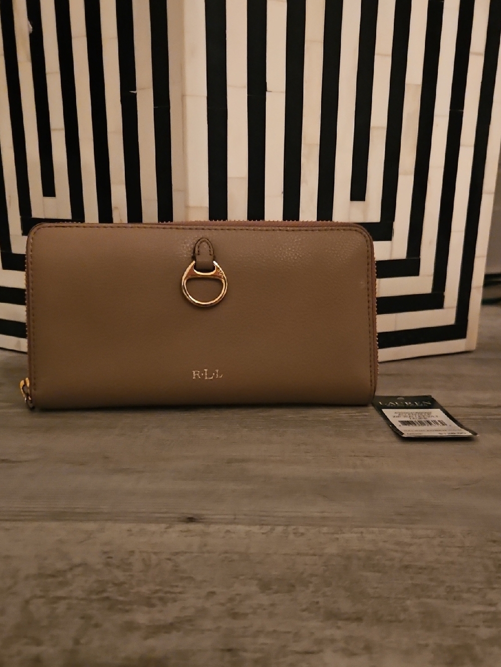 Ralph Lauren Taupe Zip-Around Wallet with Gold Ring Accent